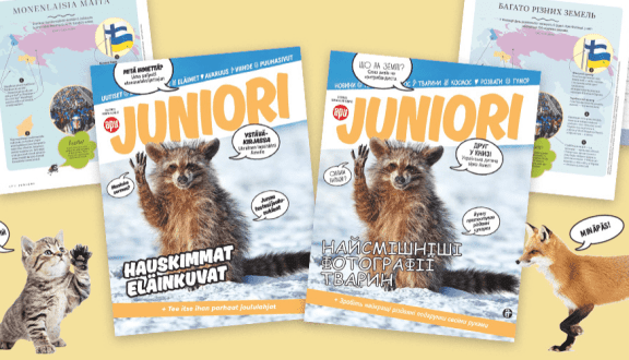 Kuva, jossa yhdistetty monta eri kuvaa ja kuvitusta Apu Junior-lehdestä